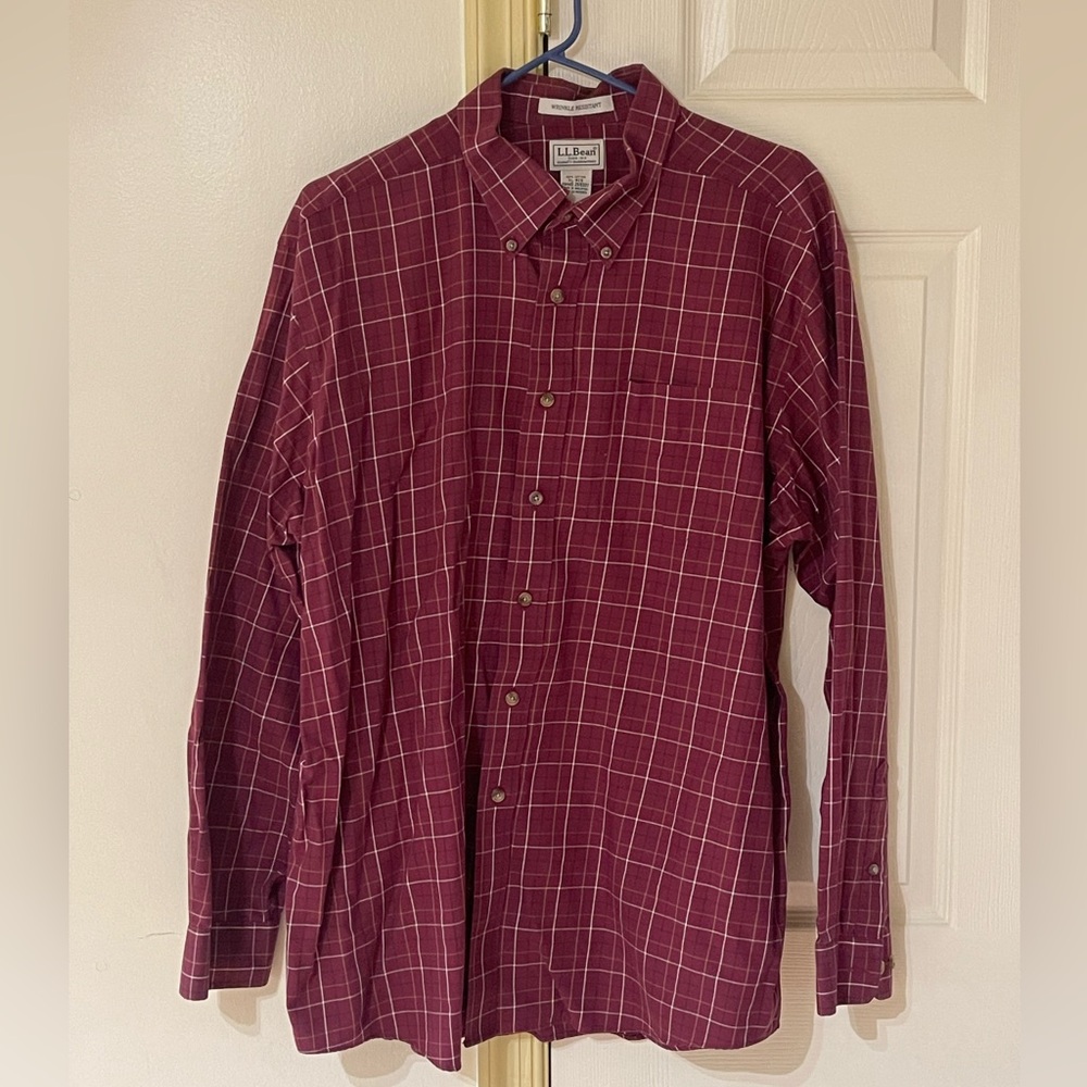 LL Bean Mens XL Red Plaid Wrinkle Resistant Long Sleeve Button Down Shirt